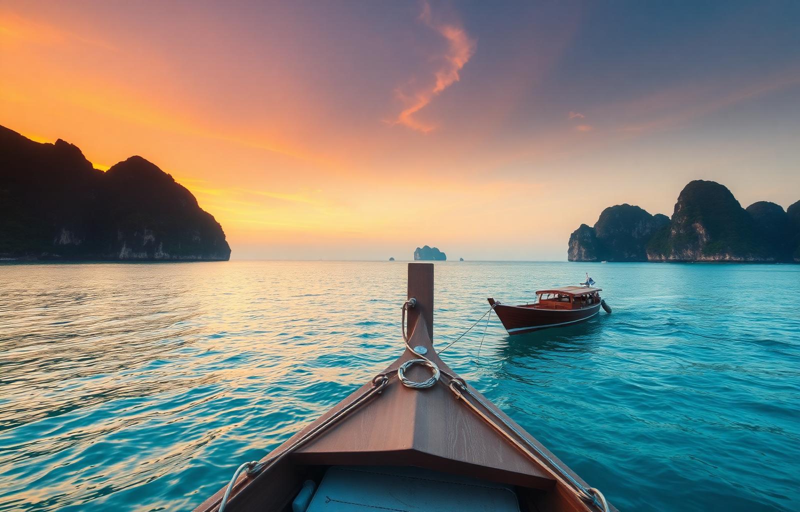 Long-tail boat en Thaïlande au coucher de soleil